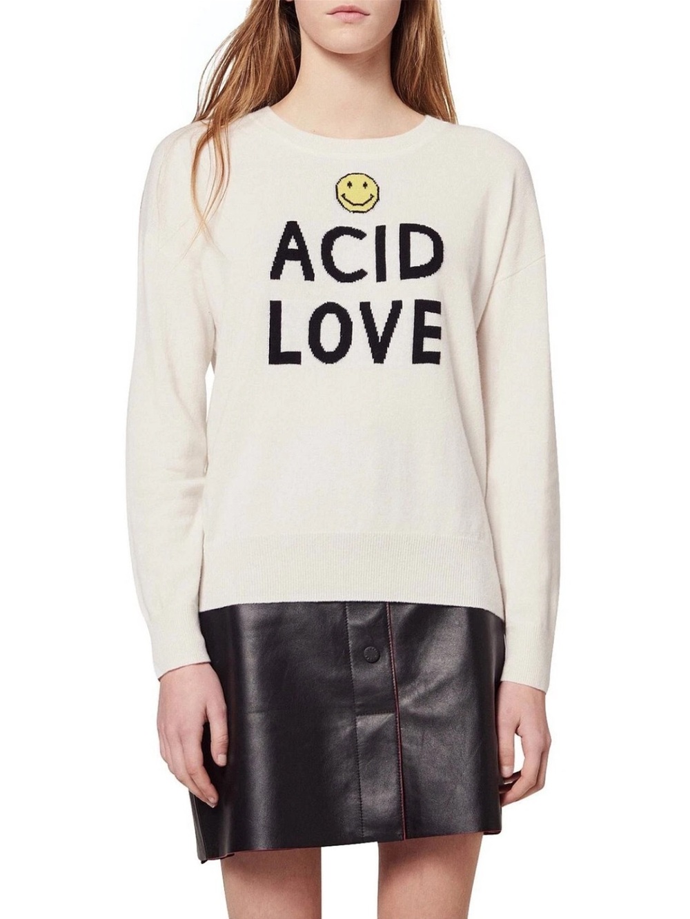 Sandro Smiley ACID LOVE Cream Graphic Zola Sweater - Wool Cashmere, M
